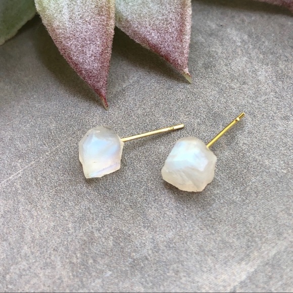 Raw Moonstone Gemstone Crystal Stud Earrings - Picture 2 of 7
